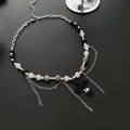 Gothic style cross necklace with rose pattern beads and silver fringe chains - Black Rose Cross (06-K5)