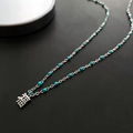 Collier à perles bleu ciel avec pendentif Fu en argent sur chaîne en acier inoxydable - Vert (03-K24)