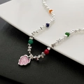 Collar chic en tono plateado con cuentas de colores y colgante de corazón rosa con purpurina - Collar De Corazón Rosa (03-E5)
