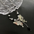 New Chinese style butterfly pendant necklace with black and white beads in silver finish - Calligraphy Butterfly Necklace