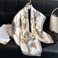 Elegant 90cm camellia silk scarf with gold chain print and refined floral patterns - Blue / 90x90cm
