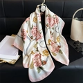 Elegant camellia silk scarf with gold chain and rose pattern on luxury black background - Pink / 90x90cm