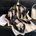 Elegant 90cm camellia silk scarf with gold chain print and black border for women - Black / 90x90cm