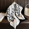 Silk feel square scarf with camellia rose patterns and gold chain print on beige fabric - Cream White (FN233-1)