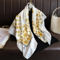 Detailed texture of 90cm silk scarf featuring yellow roses, chains, and polka dot patterns - Yellow (FN233-2)