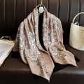 Polka dot camellia silk scarf with gold chains and pearls on a premium display - Khaki (FN233-3)