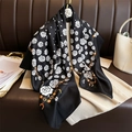 Detailed pattern of silk scarf with white roses, dots, and golden chains on black fabric - Black (FN233-4)