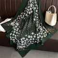 Detailed pattern of dark green silk scarf with white roses, dots and gold chain motifs - Dark Green (FN233-6)