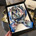 Equestrian print silk skinny scarf featuring classic horse and saddle motifs in blue and pink - Blue Pink Beige Equestrian Patchwork (LJ21-H183)