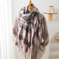 Pink and grey plaid cashmere-feel scarf with tassels draped on a beige winter coat - 210cmX70cm (Including Tassels) / Pink