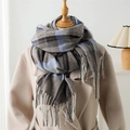 Fashion plaid cashmere-like scarf with tassels on wooden hanger and beige coat - 210cmX70cm (Including Tassels) / Blue Gray