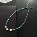 Vintage style beaded necklace with blue natural stones and three white baroque pearls - Sea Blue Bead Pearl Necklace (06-K7)