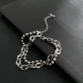 Bracciale argento a doppio strato con catena cubana e perline, chiusura a moschettone - Bracciale a Doppio Strato in Acciaio al Titanio (05-M23) / Argento
