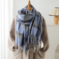 Close-up of blue plaid scarf with long fringes over a beige coat for a cozy winter look - 210cmX70cm (Including Tassels) / Blue