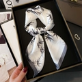 Detail of bamboo print silk scarf displayed elegantly in a black gift box - 70x70cm / Gray (FJ861-1)