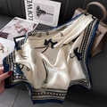 Elegant horse print silk scarf with navy border and classic equestrian patterns - 70x70cm / Cream/Blue Equestrian