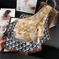 Satin silk scarf featuring rose and dove prints draped over a stylish brown handbag - Beige Rose Bird (FJ882-1)