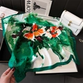 Artistic oil painting style silk scarf with green ink wash and orange flowers - 70x70cm / Emerald Green Orange Red Impressionistic (FJ868-3)
