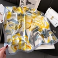 Detailed view of yellow and blue abstract floral print on 70cm silk satin square scarf - 70x70cm / Yellow Blue Grey Abstract Floral (FJ868-1)
