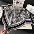 Close-up of Toile de Jouy silk square scarf with blue landscape print and smooth texture - 70*70cm / FJ852-3 Blue Landscape