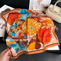 Peony and chrysanthemum pattern satin silk scarf with orange and blue floral print - 70x70cm / Orange Blue Floral (FJ870-4)