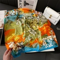 Detail of floral silk square scarf with vibrant peony patterns and smooth satin texture - 70x70cm / Bright Multi Floral (FJ890-1)