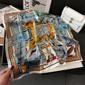 Silk-textured square scarf with vintage architectural print and vibrant geometric patterns - Yellow Blue Architecture Illustration (FJ878-2)