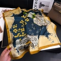 Detailed pattern of peony silk scarf with vintage chain design and Paris text - 70x70cm / Navy Yellow Chain Floral (FJ890-3)