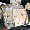 Detail of elegant floral silk scarf with bird pattern and 70 Rue De L'universite print - Beige Birds Floral Pastoral Style (FJ880-3)