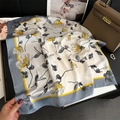 Elegant 70cm silk-like floral square scarf with yellow rose print and blue-gray borders - Grey Blue Yellow Patchwork Floral Style (FJ880-4)
