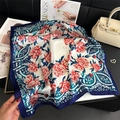 Elegant rose floral silk square scarf for women with vintage geometric border and soft luster - White Base Red Flower Vintage Ornament (FJ891-2)
