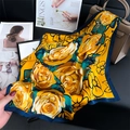 Elegant 70cm yellow rose floral silk square scarf with contrasting navy blue borders - Ginger Yellow Rose Print (FJ891-1)