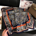 Detail of navy blue silk-like square scarf with vintage paisley patterns and orange borders - 70x70cm / Navy Orange Paisley (FJ887-4)