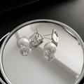 Minimalist square geometric silver earrings with large round pearls on mirror - Geometric Faux Pearl Earrings (S925 Silver Pin)