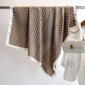 Detail of a brown silk square scarf featuring white chain motifs and houndstooth pattern - Khaki (FN220-3)