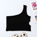 Detail of girls black one-shoulder ribbed crop top with stylish waist cutout design - Black / 90cm