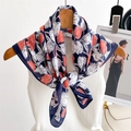 French style floral silk scarf with red tulips on navy blue fabric hanging on a hanger - 68x68cm / Navy Blue