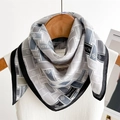Retro geometric square silk scarf with fashion letters and grey-white herringbone pattern - 68cmx68cm / Black (FR53-1)
