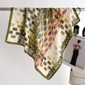 Detail of vintage green square silk scarf with fashion lettering and herringbone pattern - 68cmx68cm / Green (FR53-2)