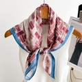 Fashionable geometric square silk scarf with FASHION lettering and blue contrast border - 68cmx68cm / Pink (FR53-3)