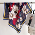 Elegant navy blue silk scarf with white lily floral print and contrasting yellow border - Navy Blue