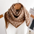 French floral silk-like square scarf in vintage brown and cream on a wooden hanger - 68*68cm / Coffee Brown (FR40-3)