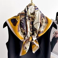 Classic horse carriage and chain print silk scarf in yellow and blue equestrian style - Yellow Brown