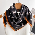 Elegant black silk-like scarf with orange trim and classic horse carriage pattern - Black Carriage Style / Black