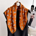 Orange silk-feel square scarf with equestrian carriage patterns and black borders - Orange Carriage Style / Brown