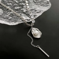 Elegant pearl and shell pendant sweater necklace with zircon accents in silver finish - Silver Faux Pearl Zirconia Necklace (2-4#6)