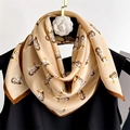 Detail of vintage square scarf featuring horse carriage print and contrast brown border - Khaki Carriage Style / Khaki