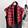 Elegant red square silk scarf with classic carriage print and orange rolled edges - Burgundy