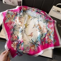 Detail of silk square scarf featuring tropical bird and floral prints on a white base - Rose Red Border White (FJ846-3)