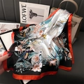Elegant 70cm silk scarf with colorful bird and floral print featuring red hand-rolled edges - Red Border Black White (FJ846-4)